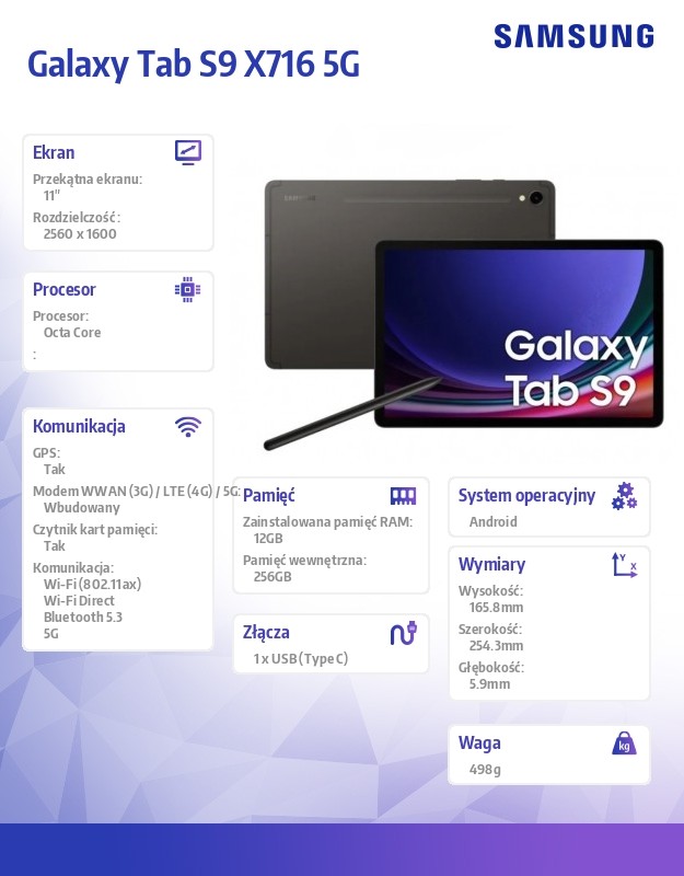 Planšetinis kompiuteris samsung galaxy tab s9 5g 8/256gb graphite sm-x716bzaeeue