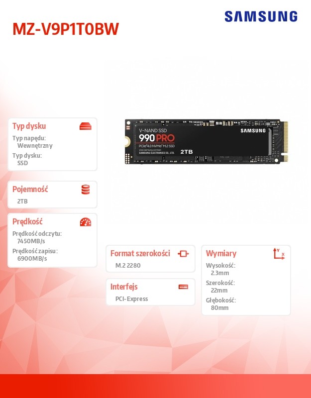 Ssd vidinis kietasis diskas samsung 990 pro, 2tb, m.2 2280, ssd interface pcie gen4x4, write speed 6900 mb/s, read speed 7450 mb/s