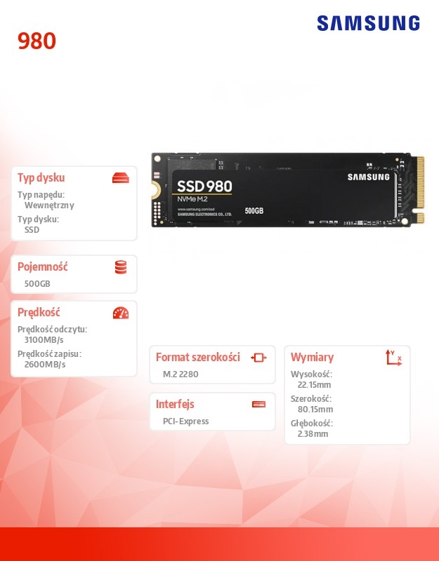 Ssd vidinis kietasis diskas ssd|samsung|980|500gb|m.2|pcie|nvme|mlc|write speed 2600 mbytes/sec|read speed 3100 mbytes/sec|2.38mm|tbw 300 tb|mtbf 1500000 hours|mz-v8v500bw