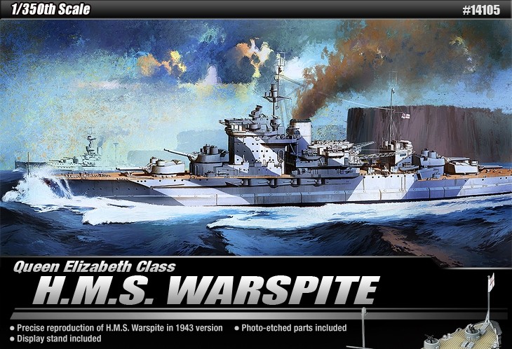 Klijuojamas modelis academy 14105 queen elizabeth class h.m.s. warspite 1/350