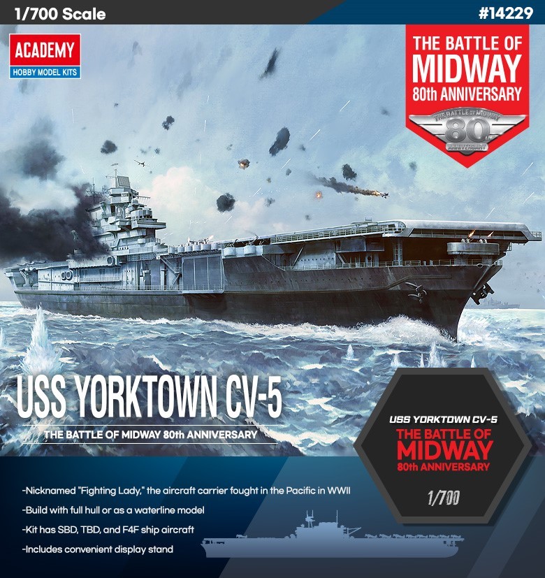 Klijuojamas modelis academy 14229 uss yorktown cv-5 battle of midway 1/700